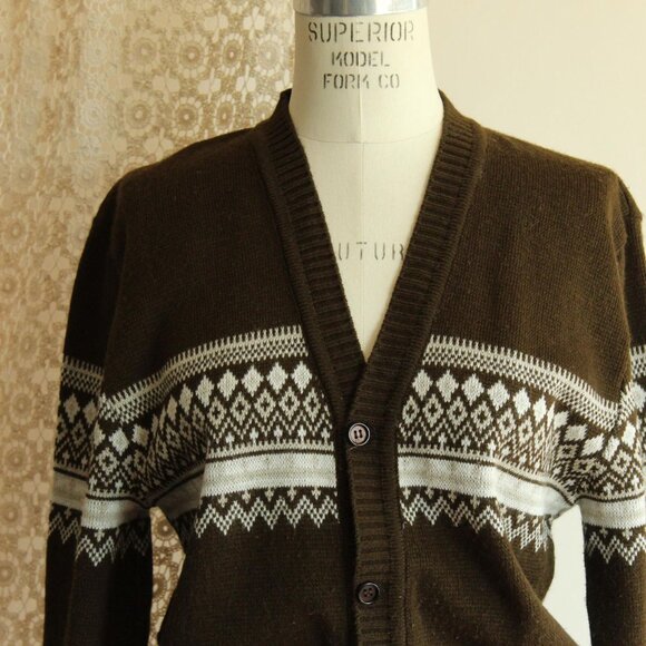 Vintage 1950s 1960s Cardigan, Jaguar Mexican Brown and White Sweater, Size 40 - Picture 3 of 10